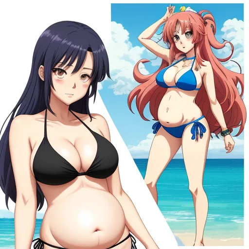 a woman in a bikini standing next to a beach with a large breast and a large breasted woman in a bikini, by Toei Animations