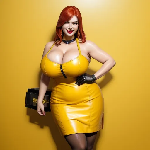 4k photo converter free - a woman in a yellow dress and black gloves posing for a picture with a yellow background and a yellow wall, by Terada Katsuya