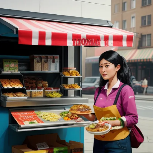 image high - a woman holding a plate of food in front of a food stand with a red and white awning, by Pixar Concept Artists