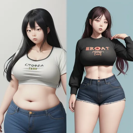 free online ai image generator from text - two women in short shorts and a crop top are standing next to each other, both of them have their arms behind their backs, by Terada Katsuya