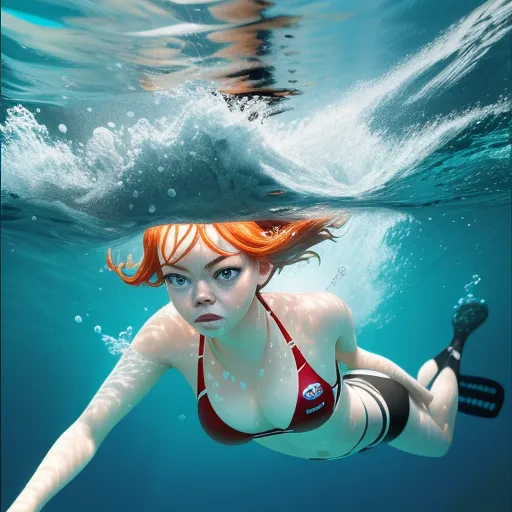 a woman in a bikini swimming under water with a paddle in her hand and a helmet on her head, by David LaChapelle