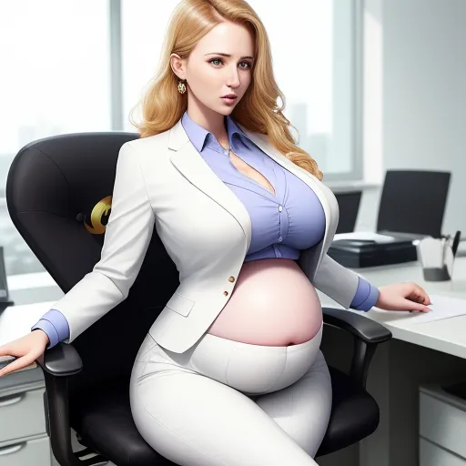 a woman in a suit sitting in a chair with a pregnant belly on her chest and a laptop on her lap, by Terada Katsuya