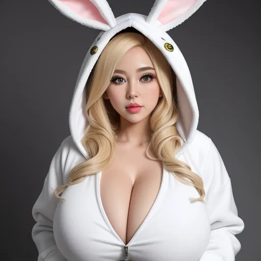 ai image generator text - a woman in a bunny costume with a hoodie on her head and a bunny ears on her head, by Terada Katsuya