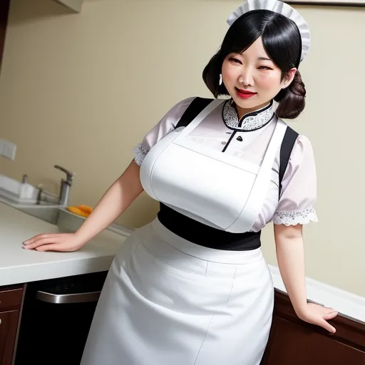 a woman in a white apron and black apron posing for a picture in a kitchen with a sink and counter, by Terada Katsuya