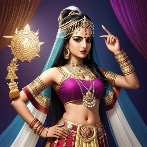 a woman in a costume with a peace sign in her hand and a gold necklace on her head and a purple background, by Raja Ravi Varma