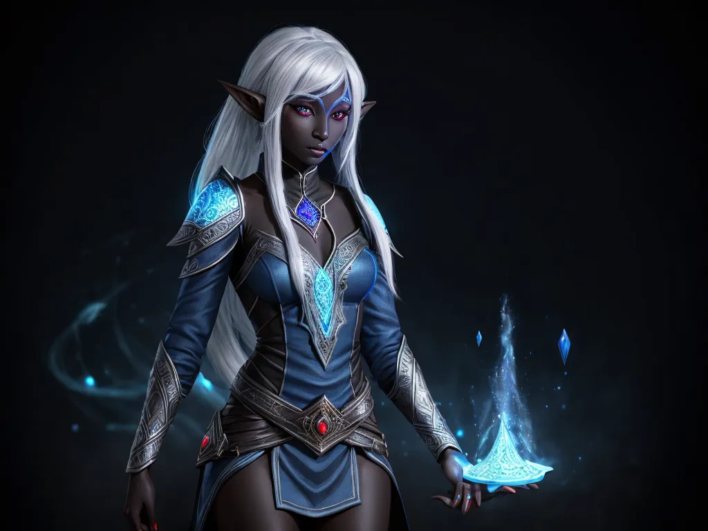 high quality image: cute female drow elf, black skin, full figure,