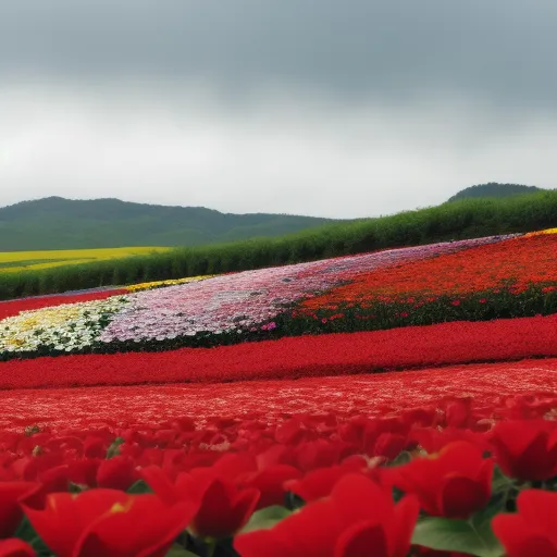 a field of flowers with a hill in the background and a cloudy sky in the distance with a few clouds, by Yoshiyuki Tomino