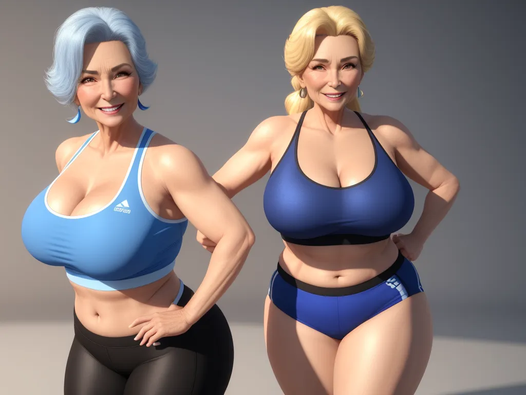 two women in sports bras posing for a picture together, both in blue and black bras, one in black, by Hanna-Barbera