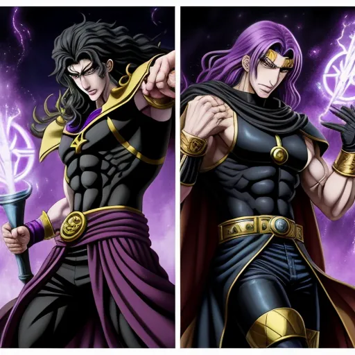 two pictures of a man in a costume with purple hair and a sword in his hand, and one of the two pictures of a man in a purple outfit, by Hirohiko Araki