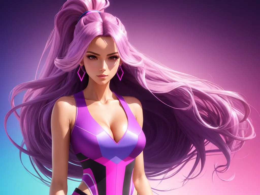 ai image generator from text online - a woman with long hair and a bra top on a purple background with a pink and blue background and a pink and purple background, by Toei Animations