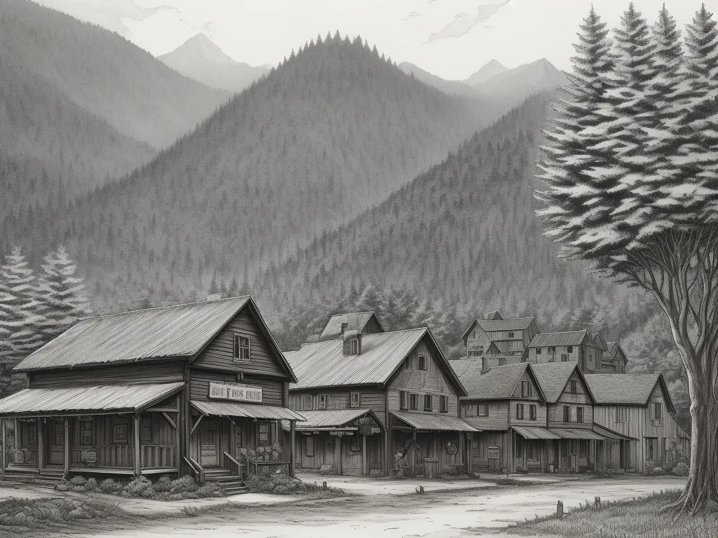 a drawing of a town in the mountains with a mountain range in the background and a tree in the foreground, by John Kenn Mortensen