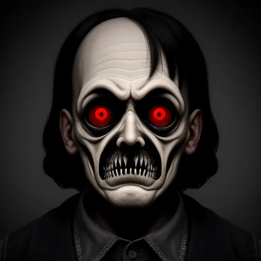image to 4k - a creepy man with red eyes and a black shirt is shown in this image, with a dark background, by Anton Semenov