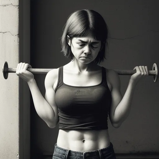 a woman holding a barbell in her hands and looking down at her stomach with a sad look on her face, by Terada Katsuya