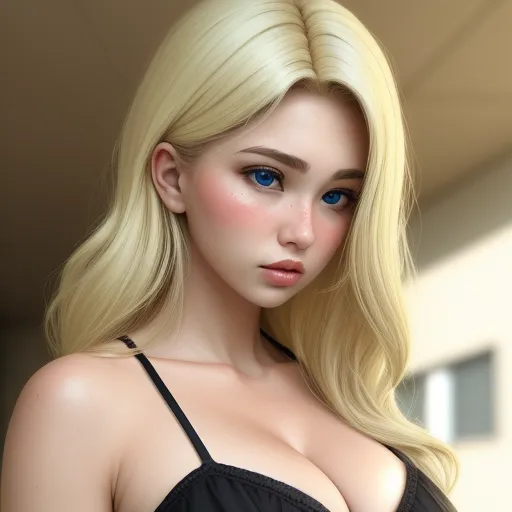 a very pretty blonde with big breast posing for a picture with a building in the background and a blue eye, by Terada Katsuya