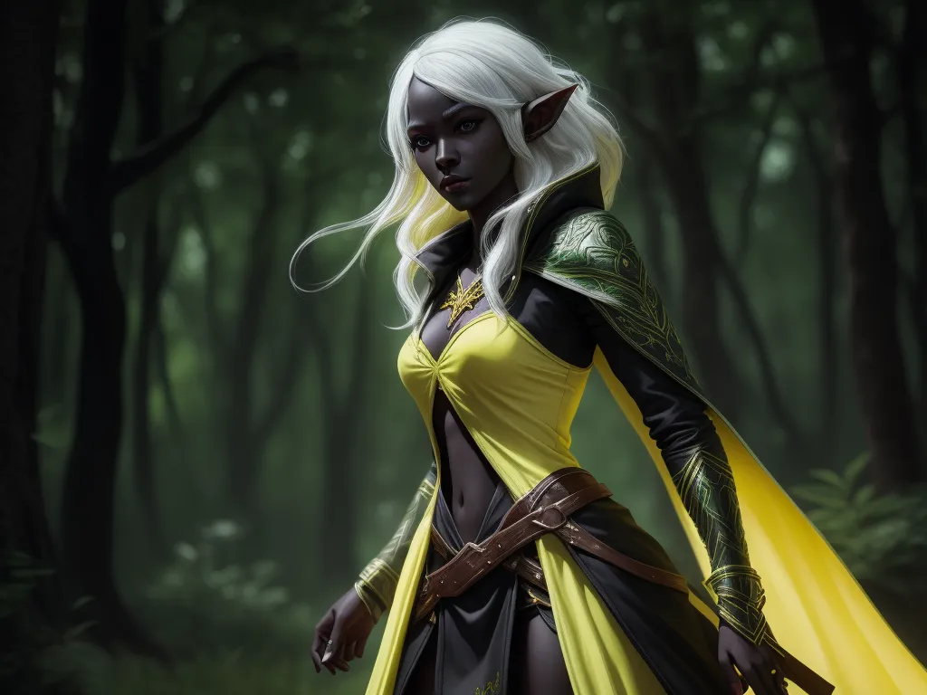 high quality images: 1 solo female drow elf, black skin, white hair,