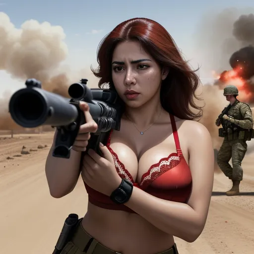 ai image upscale - a woman in a bra top holding a gun and a gun in her hand while a soldier in the background looks on, by Hendrik van Steenwijk I