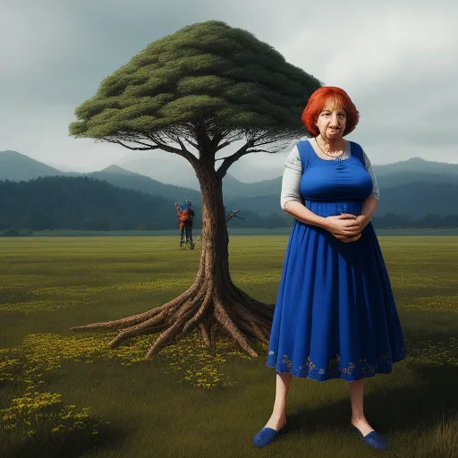 a woman in a blue dress standing in front of a tree with a man in the background on a cloudy day, by Matthias Jung