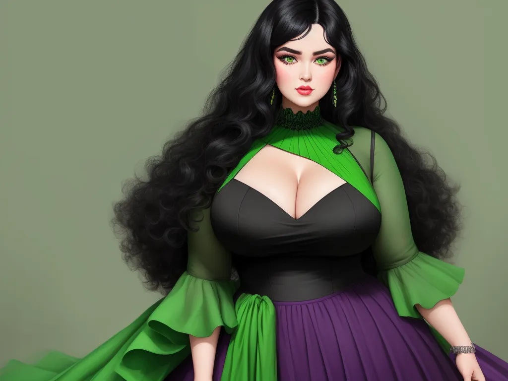 ai image generator text - a woman with long black hair wearing a green and black dress and a green and black scarf over her shoulders, by Lois van Baarle