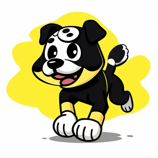 a cartoon dog running with a yellow background and a black and white dog with a yellow collar and tail, by Osamu Tezuka