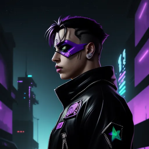 image quality lower - a man in a leather jacket and purple eye makeup in a futuristic city at night with neon lights on the buildings, by Lois van Baarle