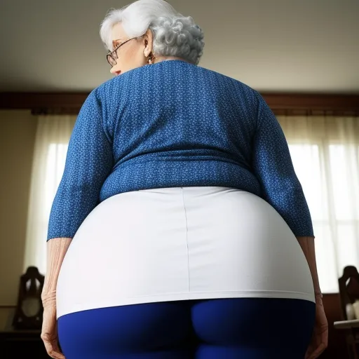 a woman in a blue top and white skirt is standing in a room with a large butt and a window, by Botero