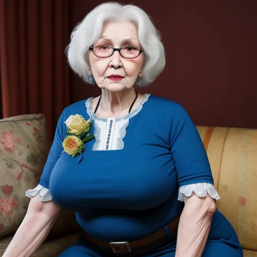 an old woman sitting on a couch with a flower in her lap and a blue dress on her lap, by Alec Soth