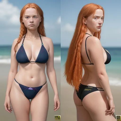 best ai picture generator - a woman with red hair in a bikini on the beach with a camera phone in her hand and a picture of her body, by Terada Katsuya