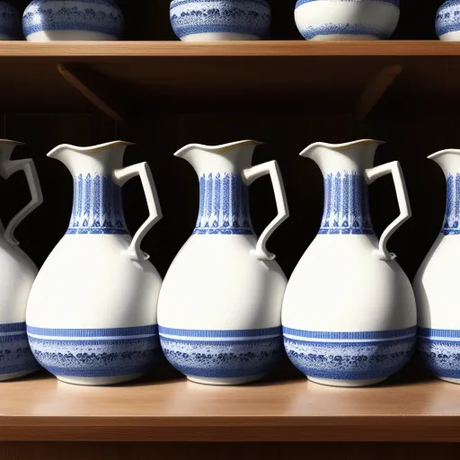 a shelf with a bunch of white and blue vases on it's sides and a shelf with other blue and white vases, by Giorgio Morandi