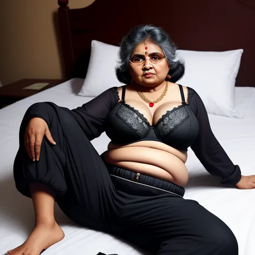 a woman in a black bra top and pants sitting on a bed with her legs crossed and her hand on her hip, by Alec Soth