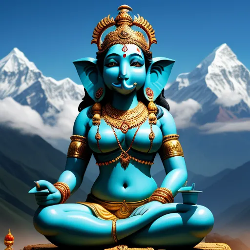 ai image editor - a statue of a blue ganeshi sitting in front of a mountain range with a teal color body, by Raja Ravi Varma