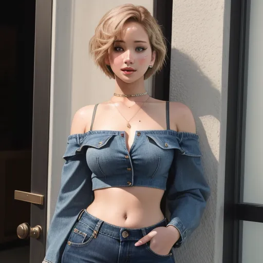 ai image app - a woman in a denim outfit posing for a picture with her hands on her hips and her shirt off, by Chen Daofu