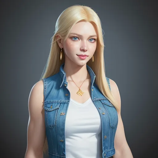 a blonde haired woman with a blue jean jacket and white shirt on a gray background with a gold necklace, by Akira Toriyama