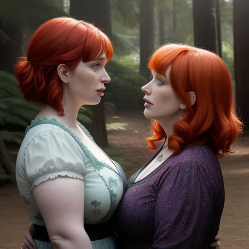 ai that generates images - two women standing next to each other in a forest with trees in the background and one woman with red hair, by Alex Prager