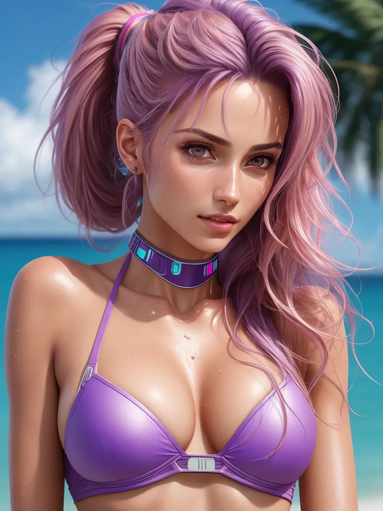 low quality images - a woman with pink hair wearing a purple bikini and a blue sky background with a palm tree in the background, by Hirohiko Araki