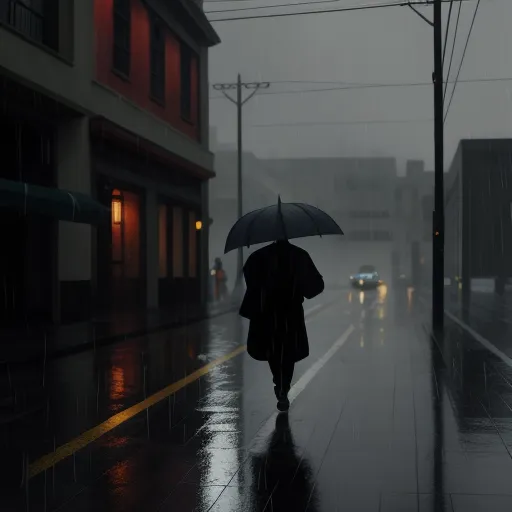 ai image generation - a person walking down a street in the rain with an umbrella over their head and a car on the road, by Elizabeth Gadd