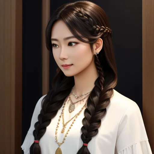 a woman with long hair wearing a white shirt and a necklace with a gold pendant on it's neck, by Chen Daofu