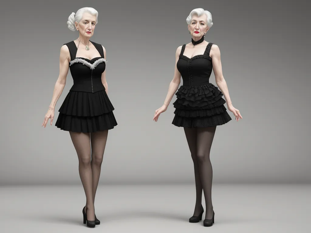 ai text to image - a woman in a black dress and stockings poses for a picture in a black dress and stockings, with a white hair, and a black dress with a black skirt, by Billie Waters