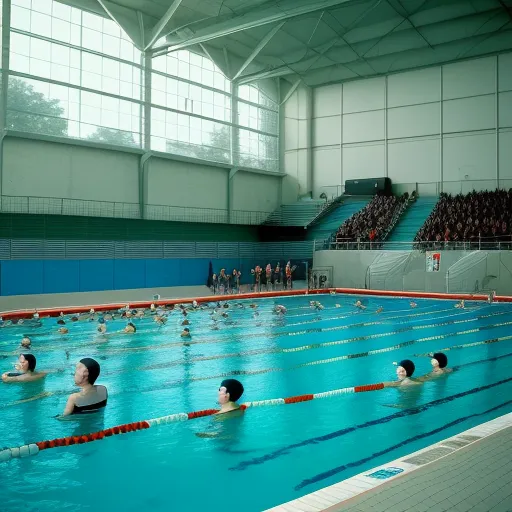 a group of people swimming in a large pool with a crowd watching them from the stands in the background, by Andreas Gursky