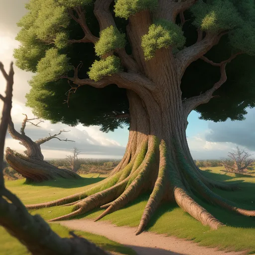 a large tree with many branches on a grassy field with a dirt path leading to it and a few trees on the other side, by Pixar Concept Artists