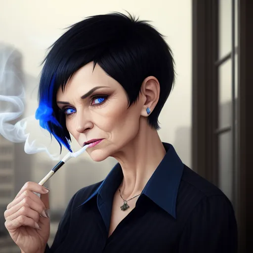 a woman with a cigarette in her mouth and a blue smoke coming out of her mouth, with a city in the background, by Lois van Baarle