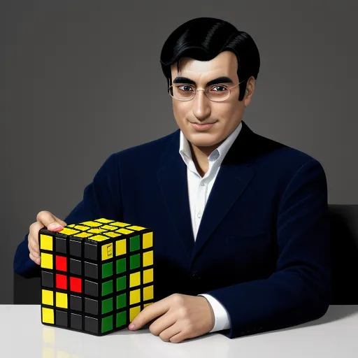ai based photo enhancer - a man in a suit holding a rubik cube in his hands and smiling at the camera with a serious look on his face, by Chuck Close