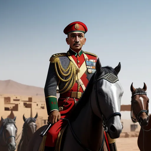 free photo enhancer online - a man in a uniform riding a horse in the desert with two horses behind him and a desert background, by Hendrik van Steenwijk I