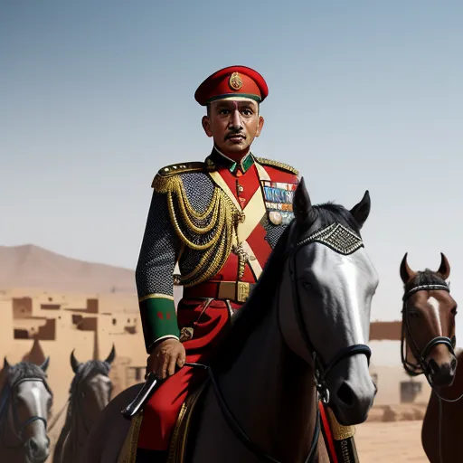 a man in a uniform riding a horse in the desert with two horses behind him and a desert background, by Hendrik van Steenwijk I