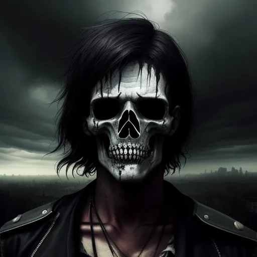 how to make a photo high resolution - a man with a skull face painted on his face and a black leather jacket on his shoulders and a city in the background, by George Manson