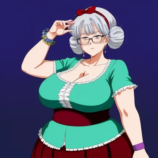 a woman in a green top and red skirt with a bow on her head and glasses on her head, by Toei Animations