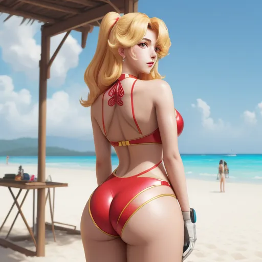 a woman in a red bikini on a beach with a man in the background wearing a hat and sunglasses, by Sailor Moon