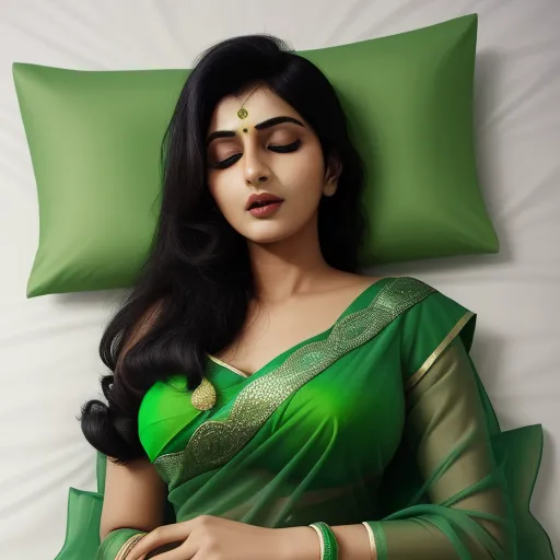 ai photo enhancer - a woman laying in bed with a green sari on her head and a green pillow on her head, by Raja Ravi Varma
