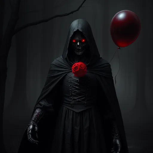 a creepy man with a rose in his hand and a balloon in the air in the dark forest with a red light on his face, by Anton Semenov