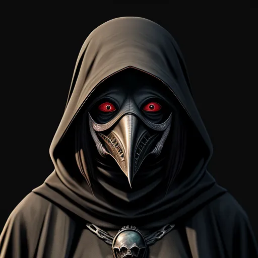 a man in a hooded costume with a skull on his chest and a hood on his head, with a red eye, by Anton Semenov