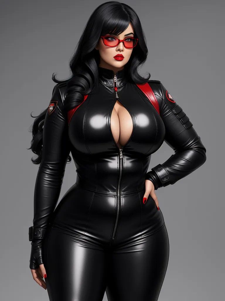 a woman in a black leather outfit with red glasses and a red lipstick on her face and chest,, by Terada Katsuya